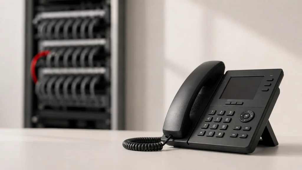 IP-Tischtelefon, im Hintergrund unscharf ein Netzwerk-Patchfeld